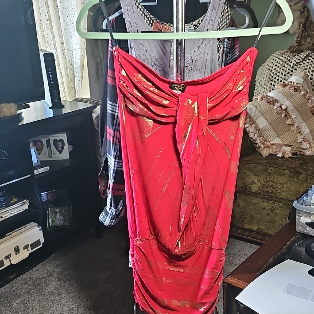 Red and Gold Strapless Top